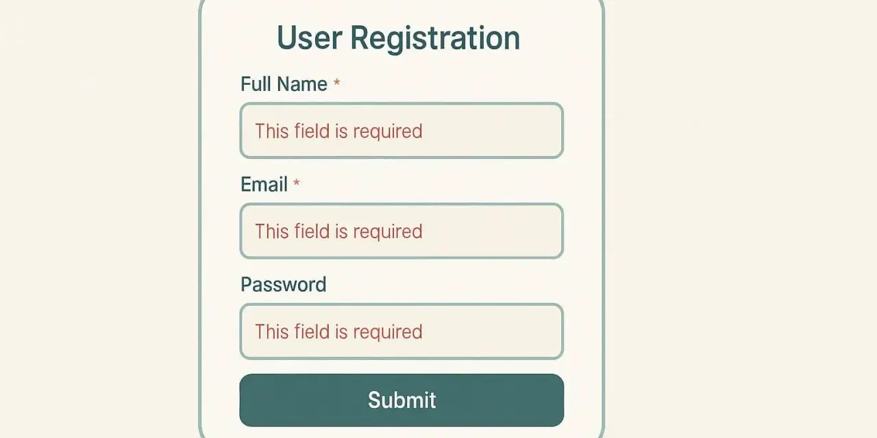 Formularz rejestracji użytkownika z polami: Imię i nazwisko, Email, Hasło. Pola wymagane, gotowe do wypełnienia w technologii html5.