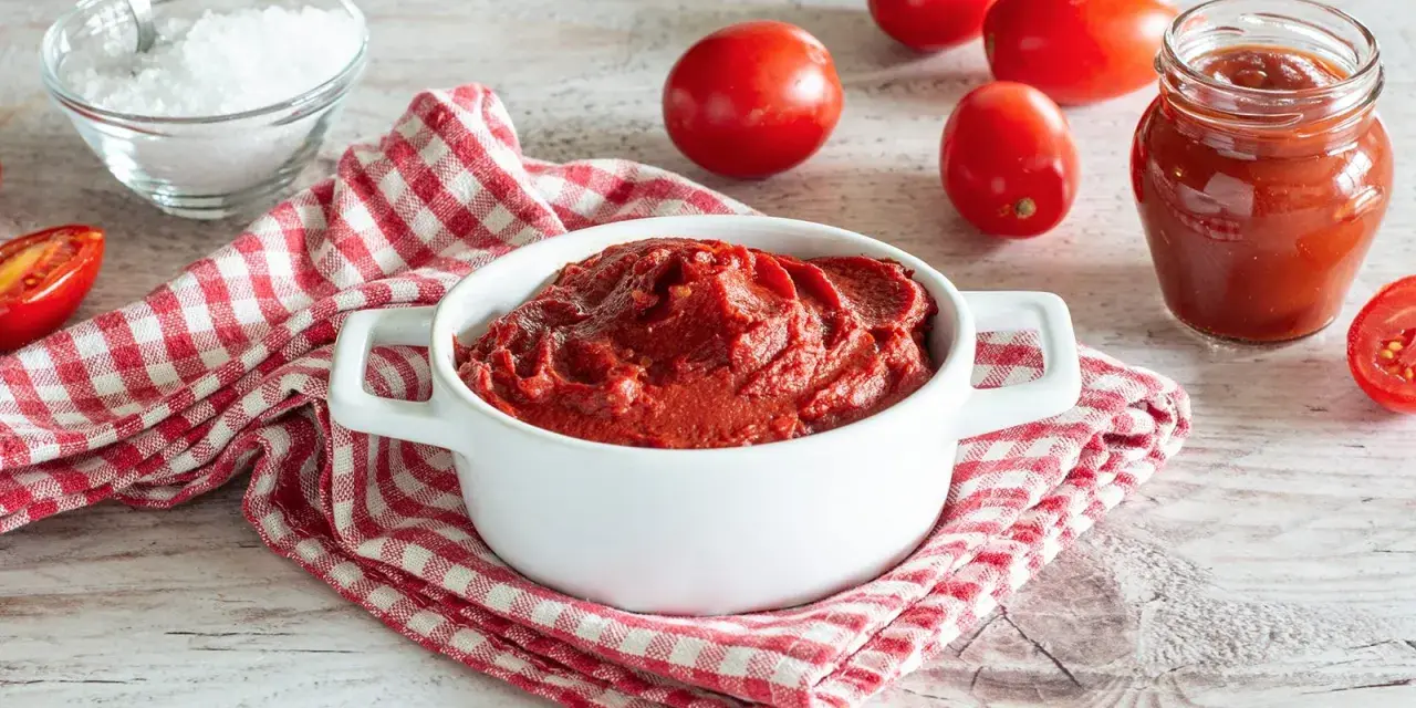 Un bianco contenitore con un denso macerato di pomodoro, circondato da pomodori freschi, sale e un barattolo di salsa.