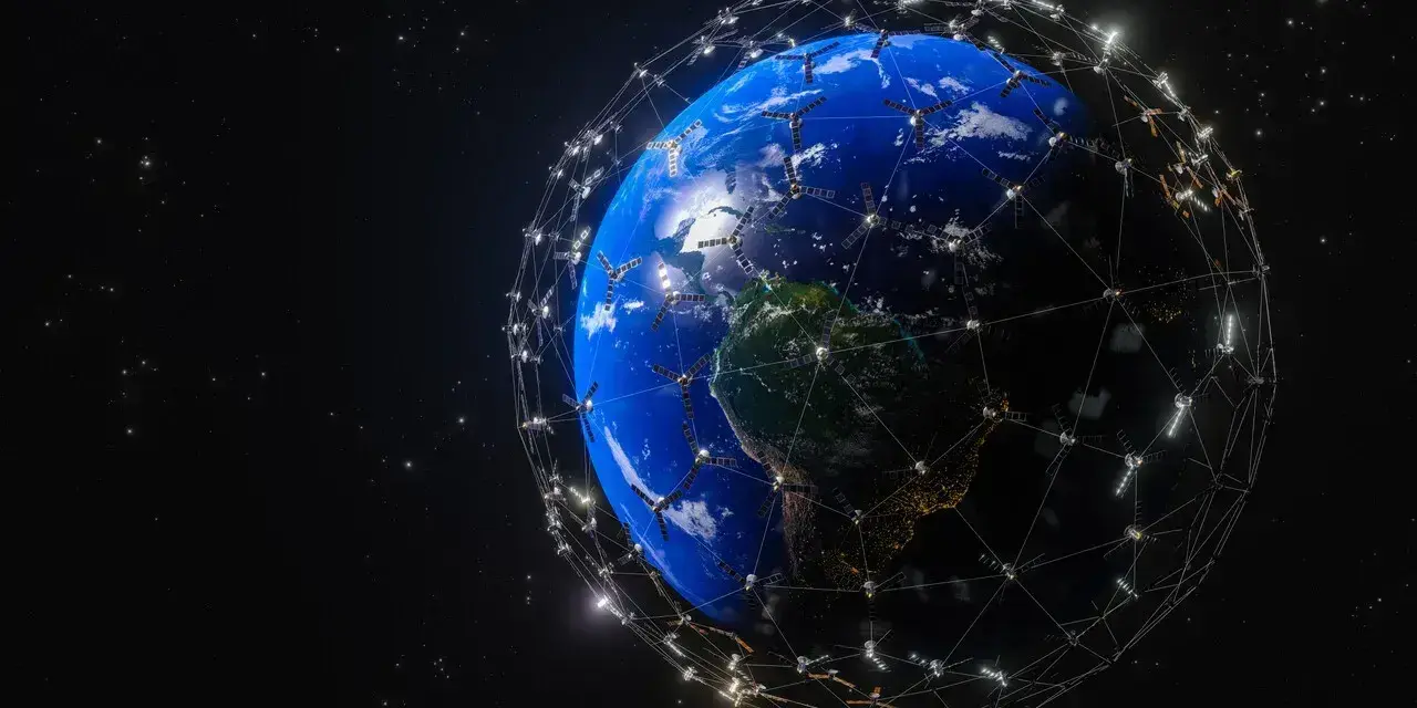Ziemia otoczona siecią satelitów Starlink, symbolizującą globalny zasięg i prędkość internetu.