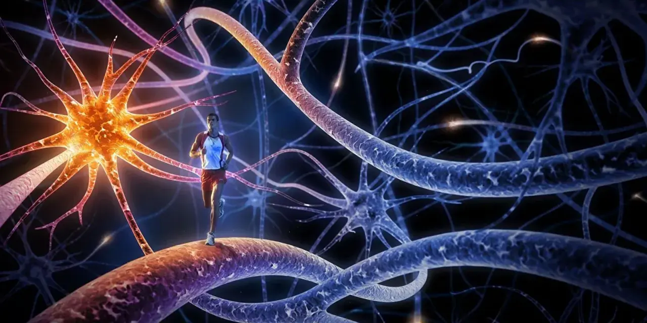 Un coureur stimule son cerveau, libérant des endorphines. Le sport, une connexion neuronale vibrante.