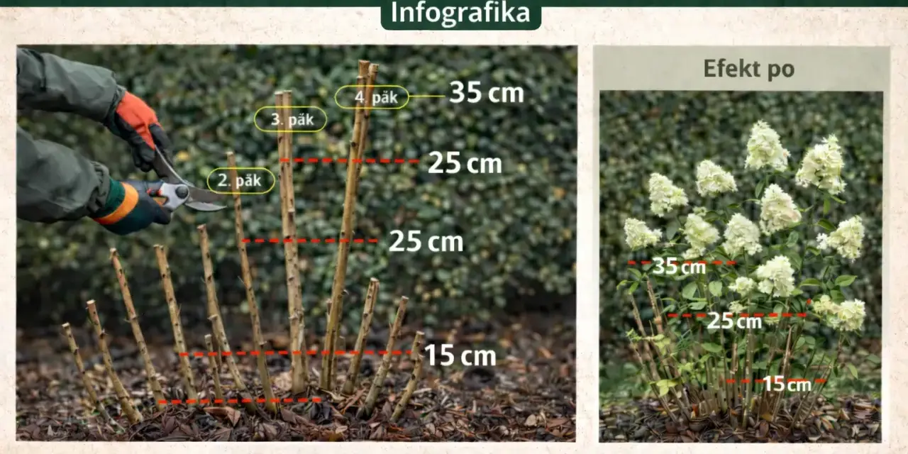 Instrukcja, kiedy przycinać hortensję bukietową. Pokazuje przycinanie pędów na różne wysokości (15-35 cm) i efekt po zabiegu.