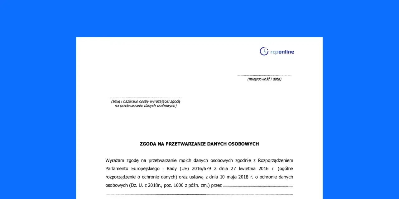 Formularz zgody na przetwarzanie danych osobowych, wymagany przez RODO.