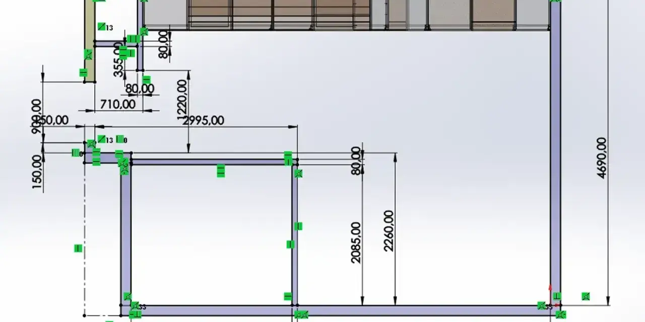 Projekt kuchni z wymiarami szafek. Widok z góry z zaznaczonymi długościami i wysokościami elementów.