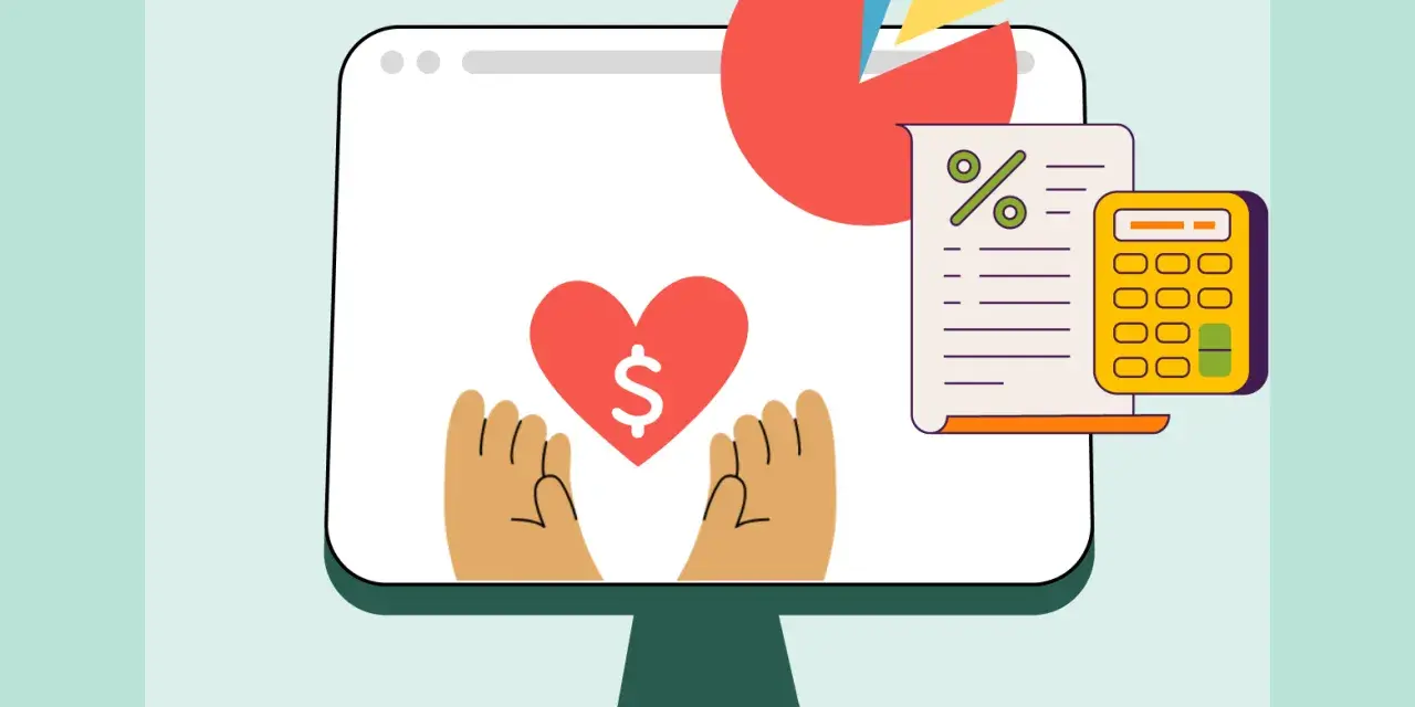 Illustration of a computer screen showing a heart with a dollar sign, hands reaching up, a pie chart, and a calculator, symbolizing pro bono accounting services for nonprofits.