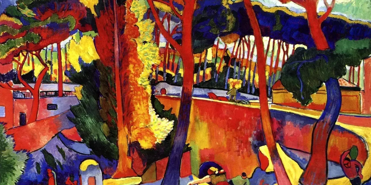 Paysage vibrant aux arbres rouges et bleus, typique du fauvisme Henri Matisse. Des figures humaines colorées animent la scène.