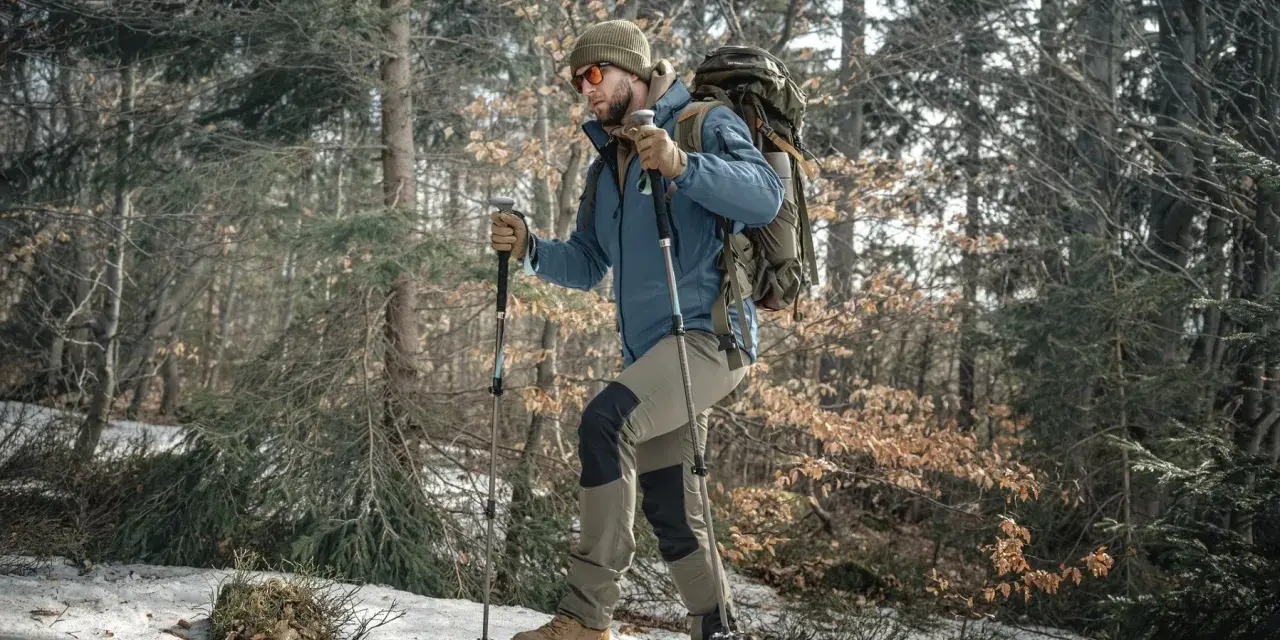Mężczyzna w zimowej kurtce i czapce idzie przez las, używając kijków do nordic walking. Wskazówka, jak dobrać kije do nordic walking, jest kluczowa dla komfortu.