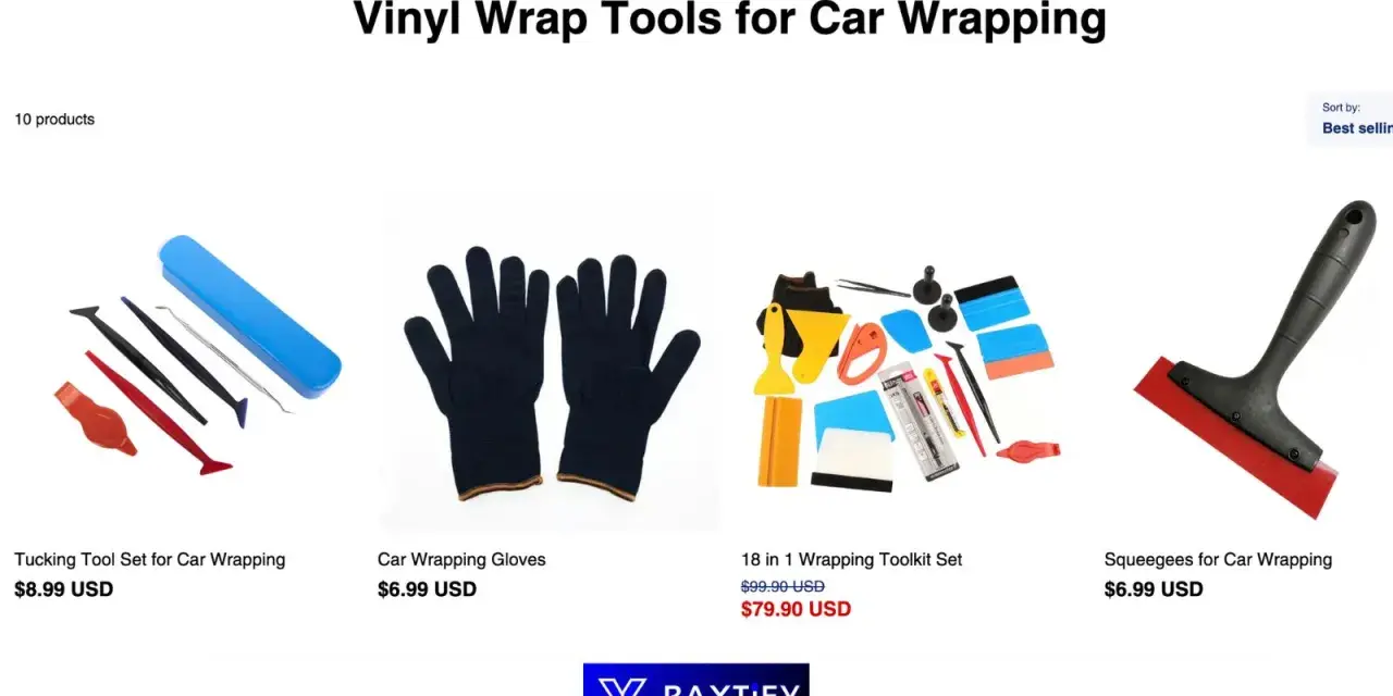 Tools you need to wrap a car: tucking tools, gloves, a comprehensive toolkit, and squeegees.