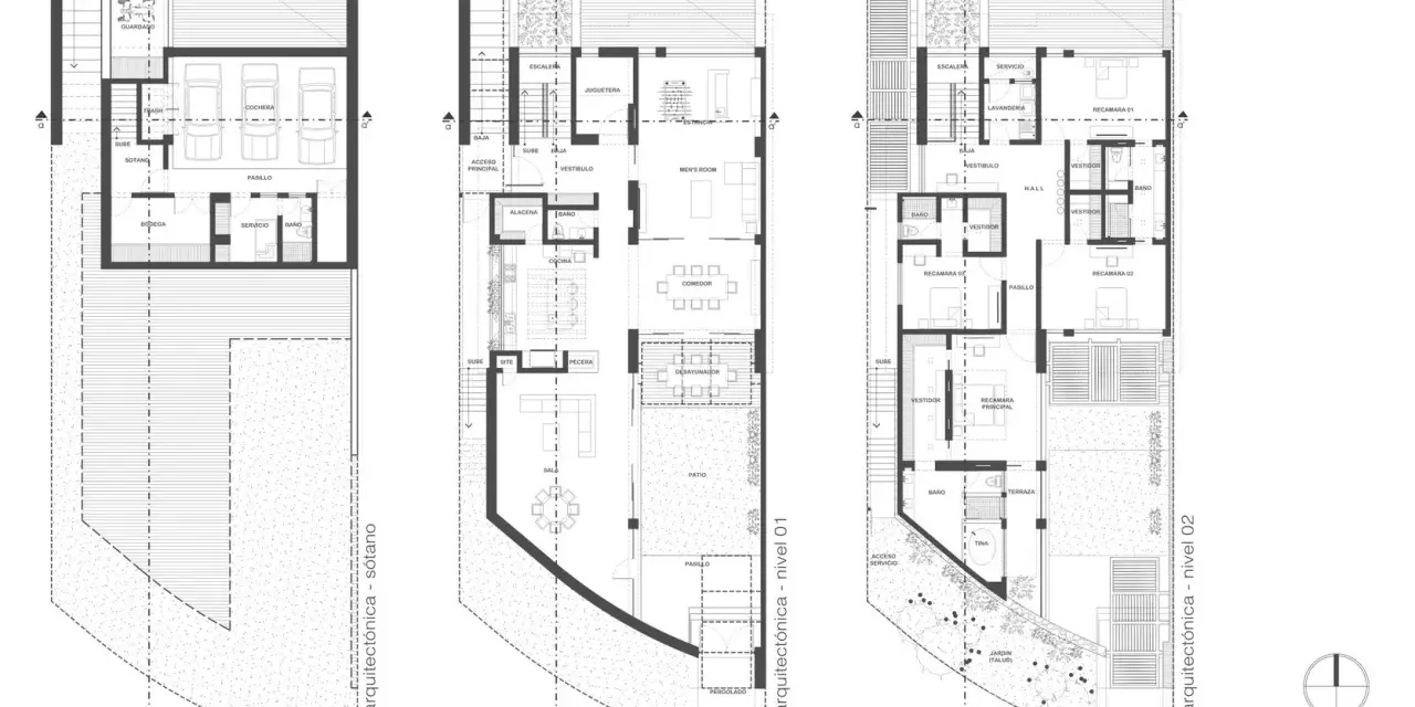 Pianta architettonica di una pianta casa a schiera su 2 piani: seminterrato con garage, piano terra con cucina e soggiorno, primo piano con camere da letto.