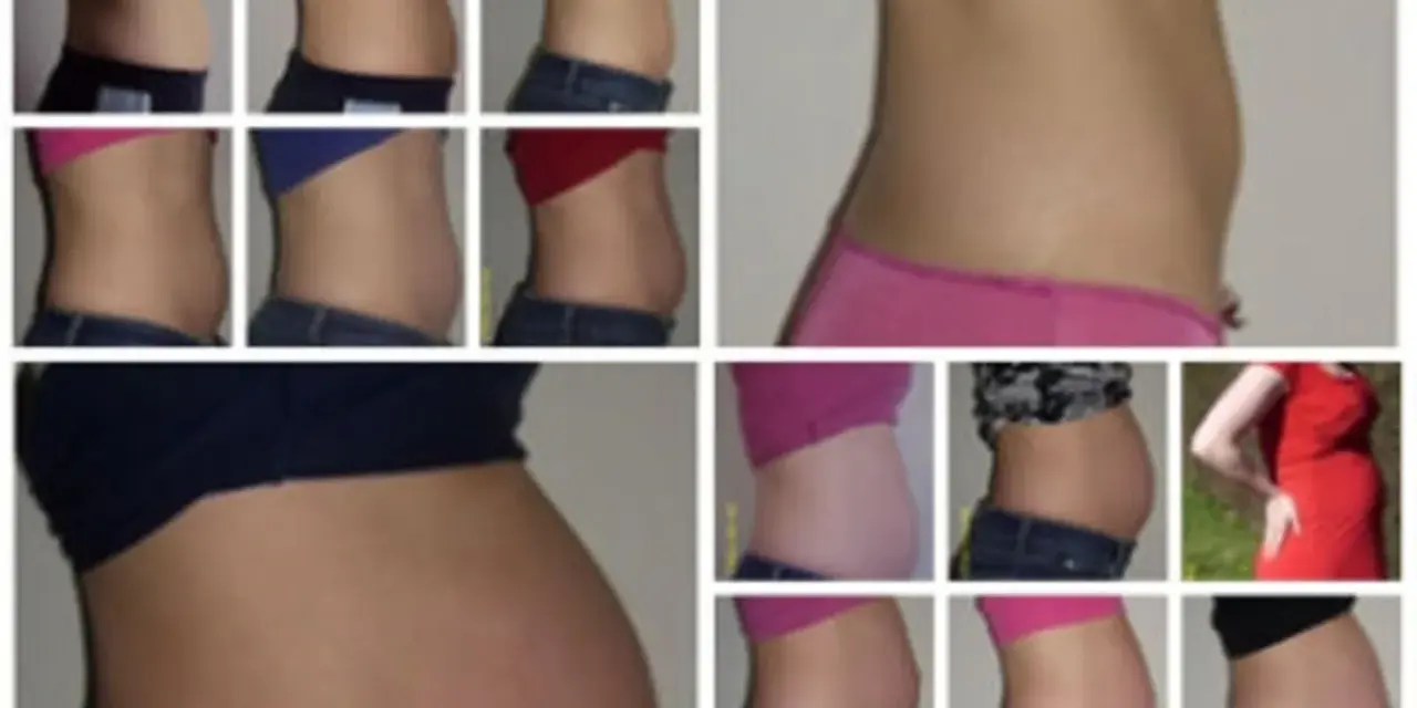 Bauchveränderungen über die Zeit, beginnend mit einem flachen Bauch, der sich langsam rundet. Man sieht, wie der Bauch wächst, als ob man 1 Woche schwanger wäre und sich weiterentwickelt.