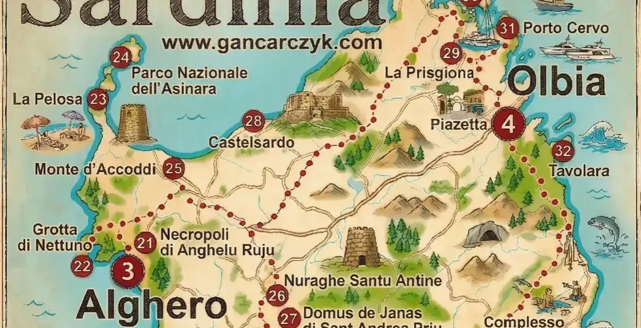 Mapa turystyczna Sardynii, pokazująca gdzie leży ta włoska wyspa, z zaznaczonymi atrakcjami jak Alghero, Olbia i Porto Cervo.