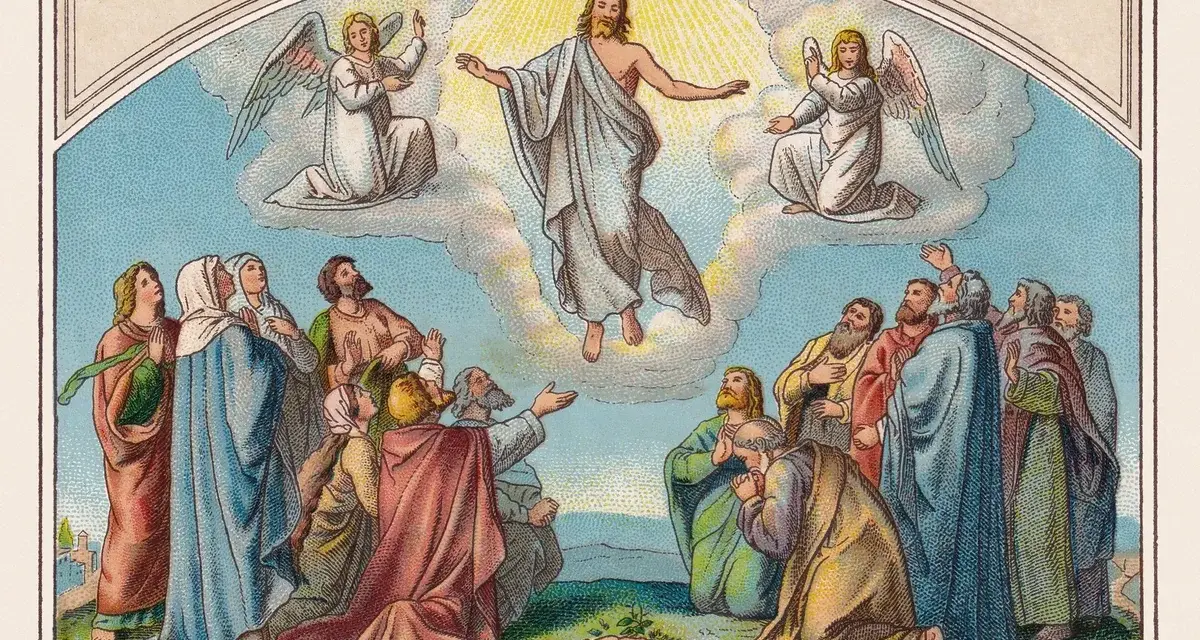 Jesus steigt 40 Tage nach Ostern gen Himmel. Jünger und Engel blicken staunend empor.