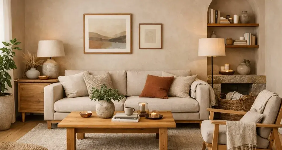 Soggiorno accogliente con divano beige, tavolino in legno e quadri con paesaggi. Perfetti abbinamenti caldi colori pareti soggiorno per un'atmosfera rilassante.