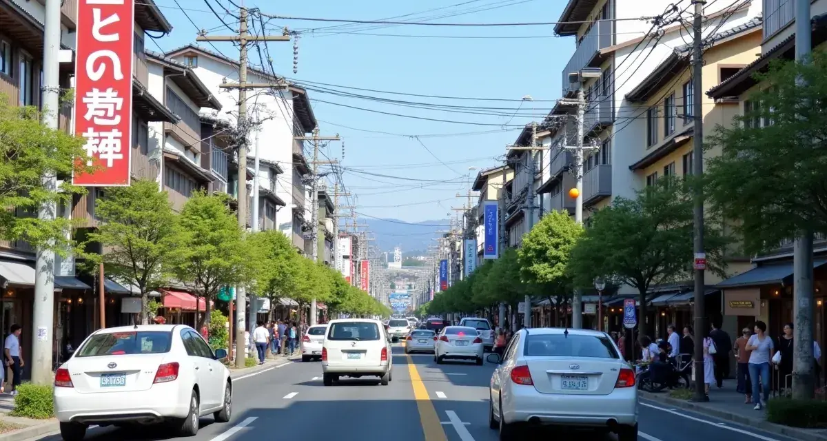 Jaki ruch jest w Japonii? Ulica w Kioto z samochodami, pieszymi i tradycyjną architekturą.