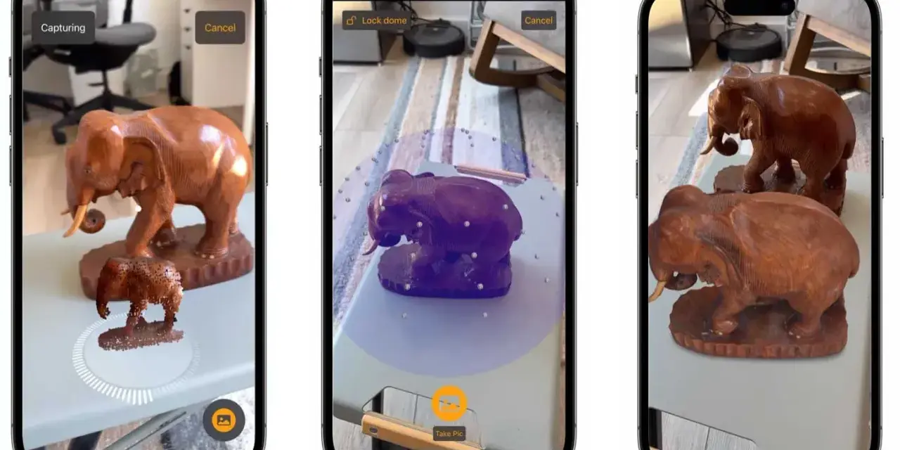 Skanowanie 3D iPhone'em: aplikacja AR tworzy cyfrowy model drewnianego słonia, pokazując proces przechwytywania i finalny efekt.