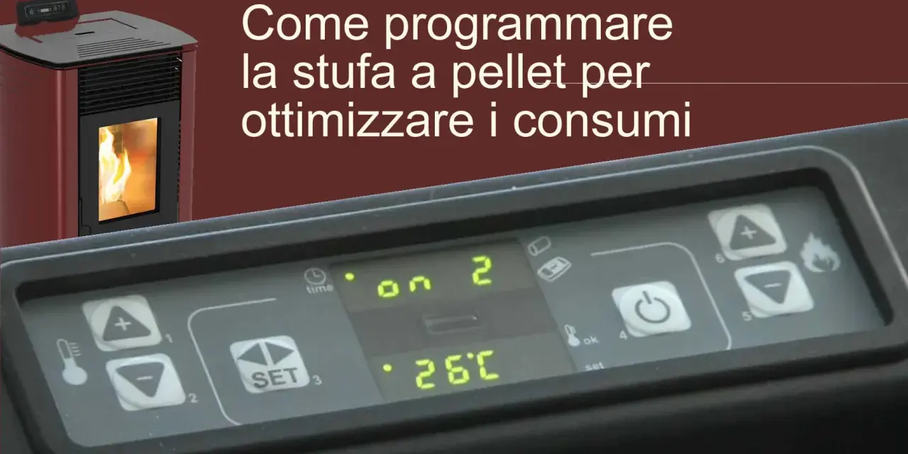 Pannello di controllo di una stufa a pellet con display digitale che mostra "on 2" e "26°C". Impara a regolare i parametri stufa a pellet per ottimizzare i consumi.