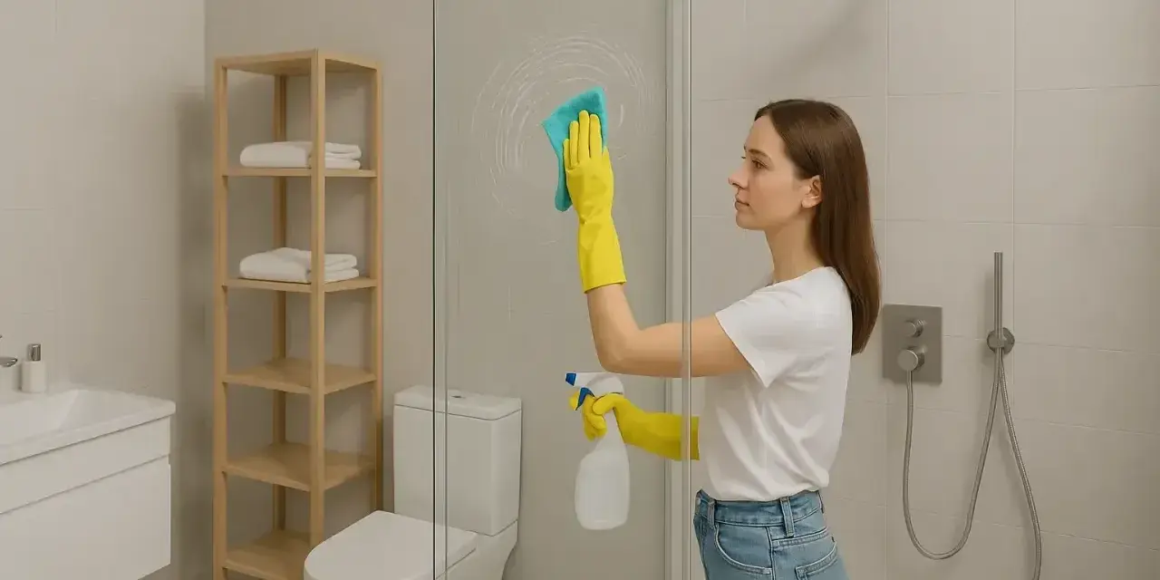 Kobieta w żółtych rękawiczkach czyści kabinę prysznicową, używając gąbki i sprayu. Dowiedz się, czym myć kabinę prysznicową, by lśniła czystością.