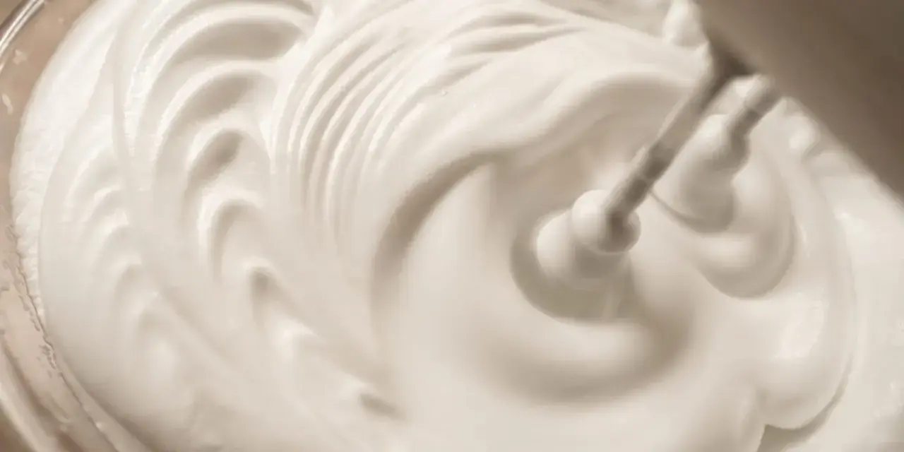 Ein Handmixer schlägt gerade cremige Sahne. Die weiße Masse bildet sanfte Wellen und Spitzen.