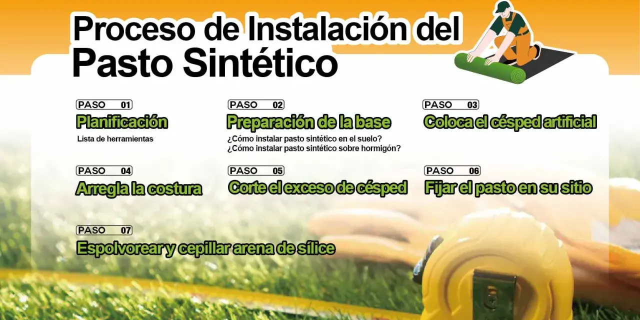 Guía visual: cómo colocar césped artificial. Pasos: planificación, preparación de la base, colocación, arreglo de costuras, corte, fijación y cepillado.