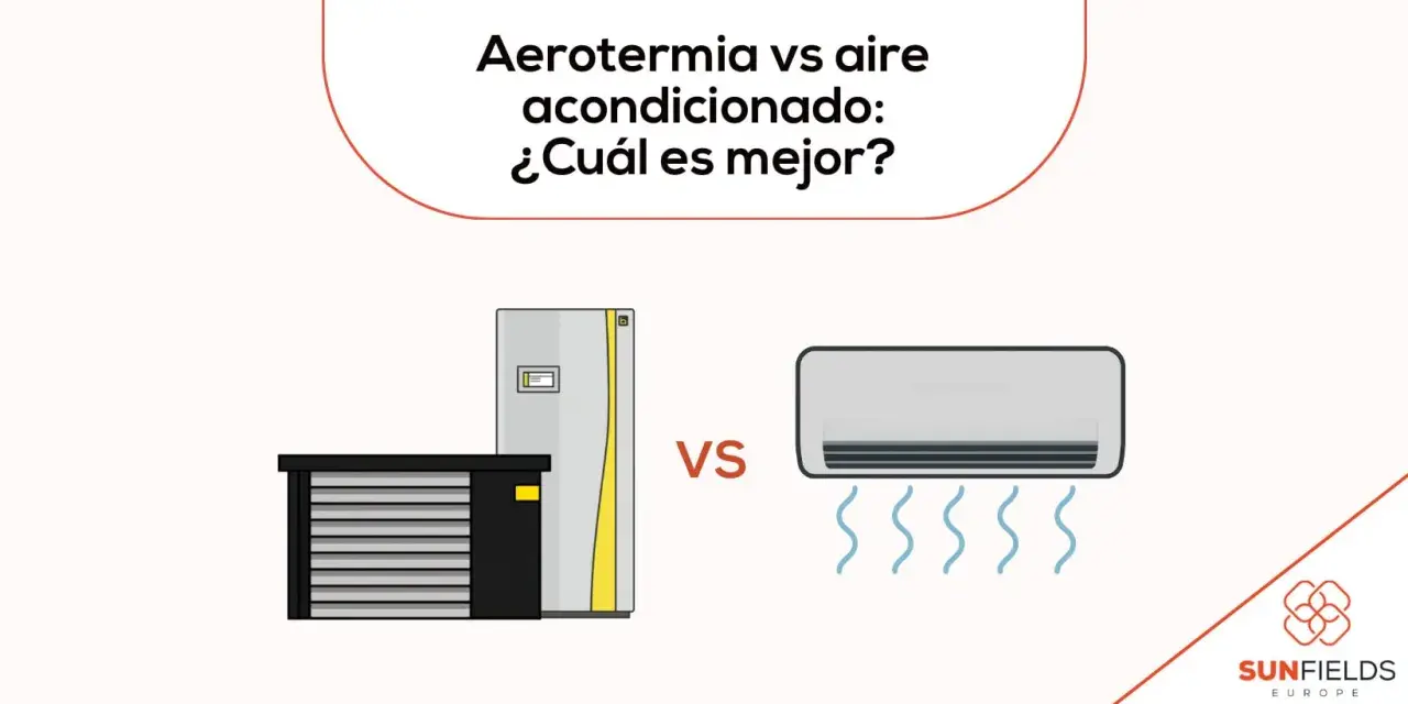 Aerotermia vs aire acondicionado: ¿Cuál es mejor? Comparativa visual de un sistema de aerotermia y un split de aire acondicionado.