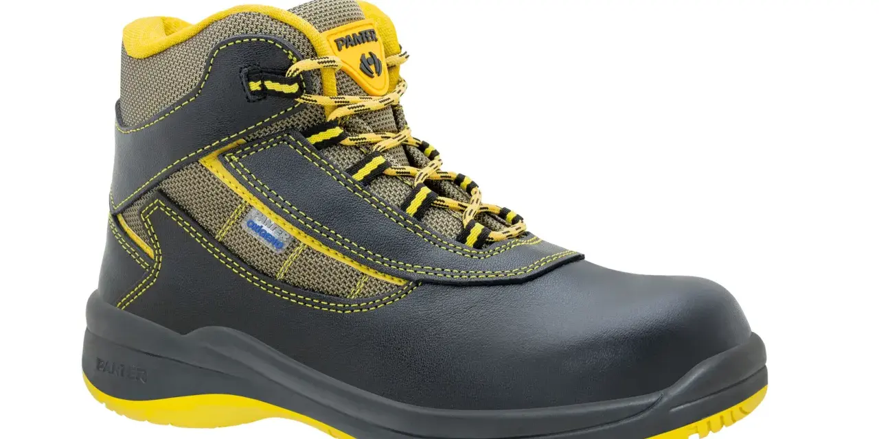Bota de seguridad negra y amarilla, ideal para aliviar dolor de pies por botas de seguridad. Confort y protección garantizados.