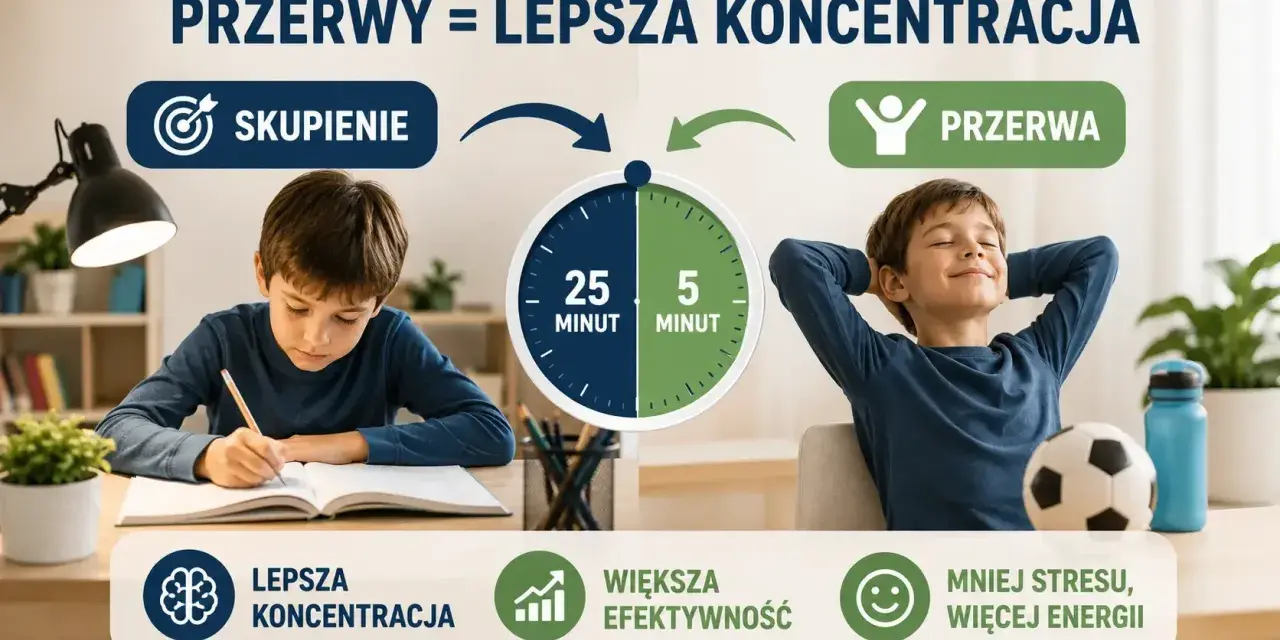 Chłopiec uczy się, a potem odpoczywa. Przerwy mobilizują do nauki, zwiększają koncentrację i efektywność.
