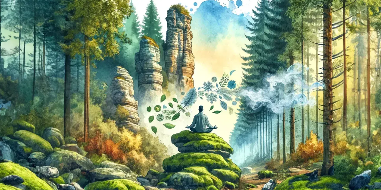 Meditierender Mann in einem moosbewachsenen Wald, umgeben von Felsformationen und magischen Elementen. Eine Fantasiereise in den Wald.