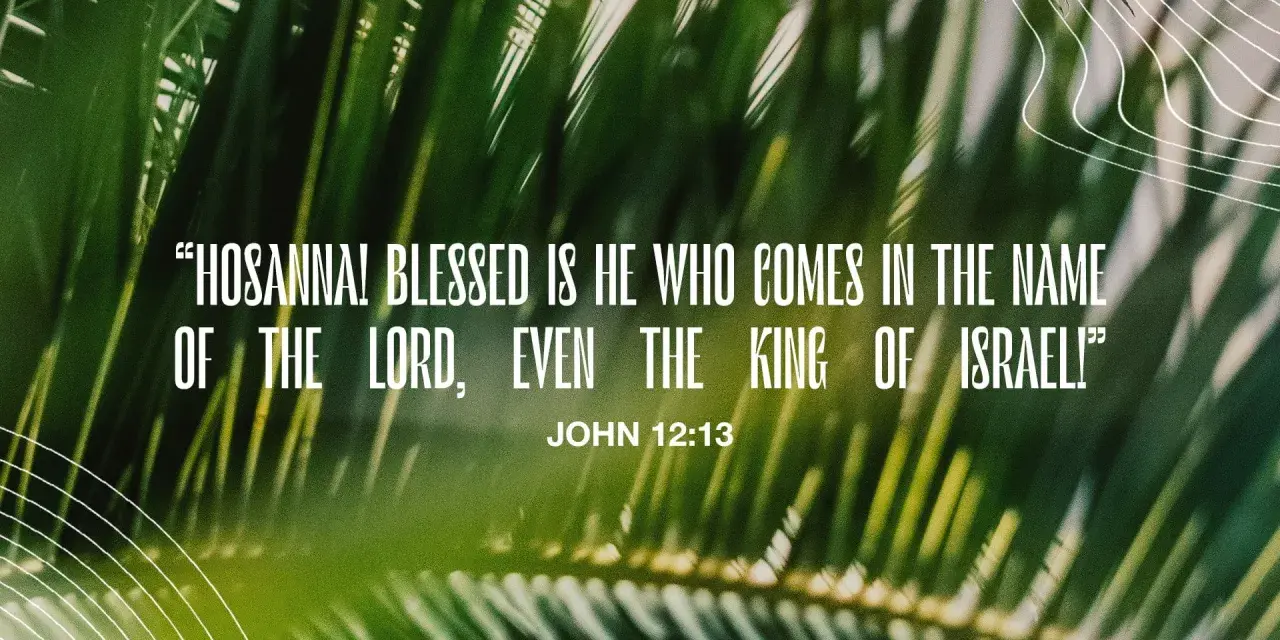 Palm fronds frame a verse about Palm Sunday: "Hosanna! Blessed is he who comes in the name of the Lord, even the King of Israel!" John 12:13.