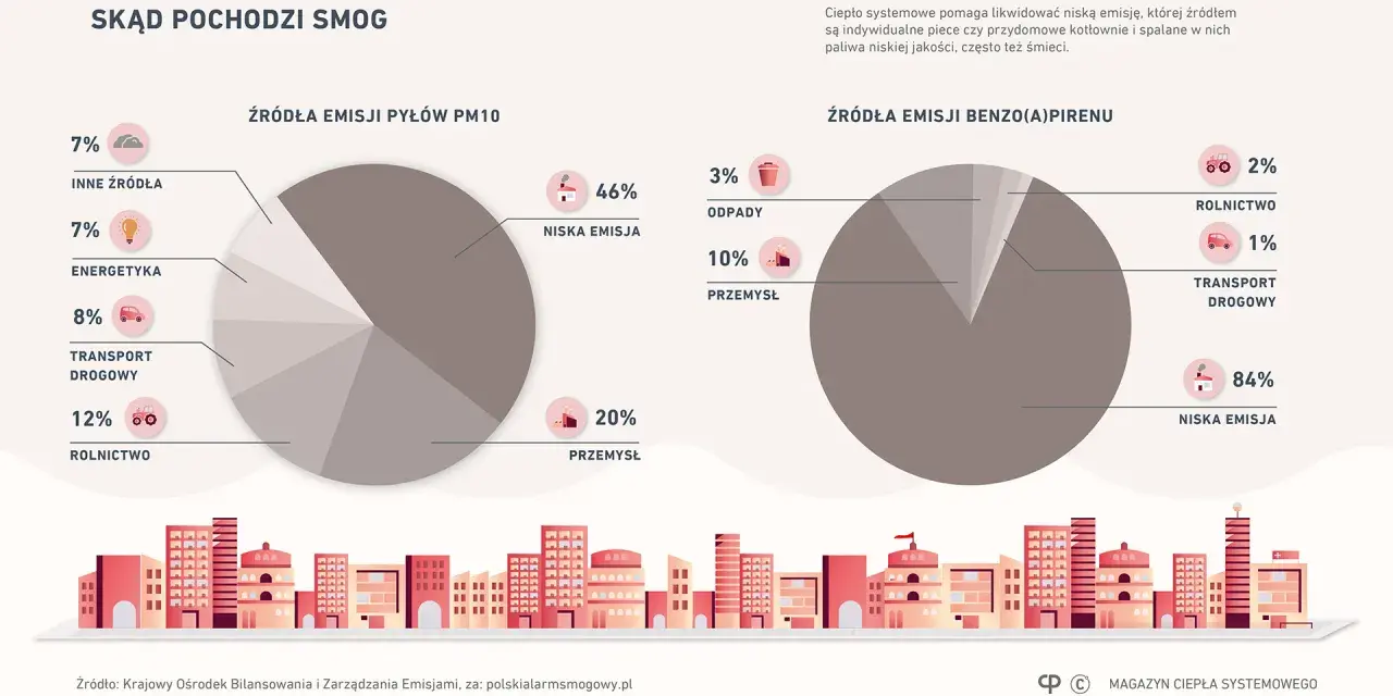 Dwa wykresy kołowe pokazujące źródła emisji pyłów PM10 i benzo(a)pirenu w Polsce.
