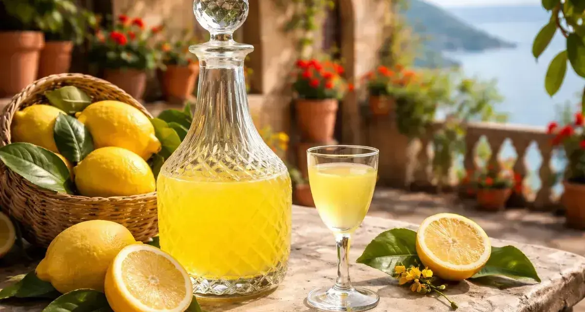 Słoneczny taras, koszyk cytryn i karafka z domowym limoncello. Idealny przepis na włoski likier.