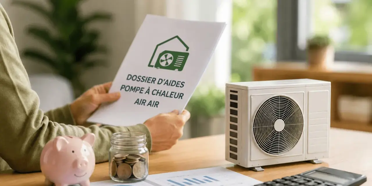 Une personne examine un dossier d'aide pour pompe à chaleur air air, à côté d'un modèle de climatiseur, d'une tirelire et d'une calculatrice.