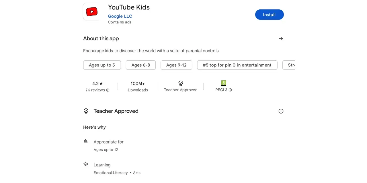 Ekran Chrome OS z aplikacją YouTube Kids. Dostępne kategorie wiekowe: do 5 lat, 6-8 lat, 9-12 lat. Aplikacja ma 4.2 gwiazdki i 100M+ pobrań.