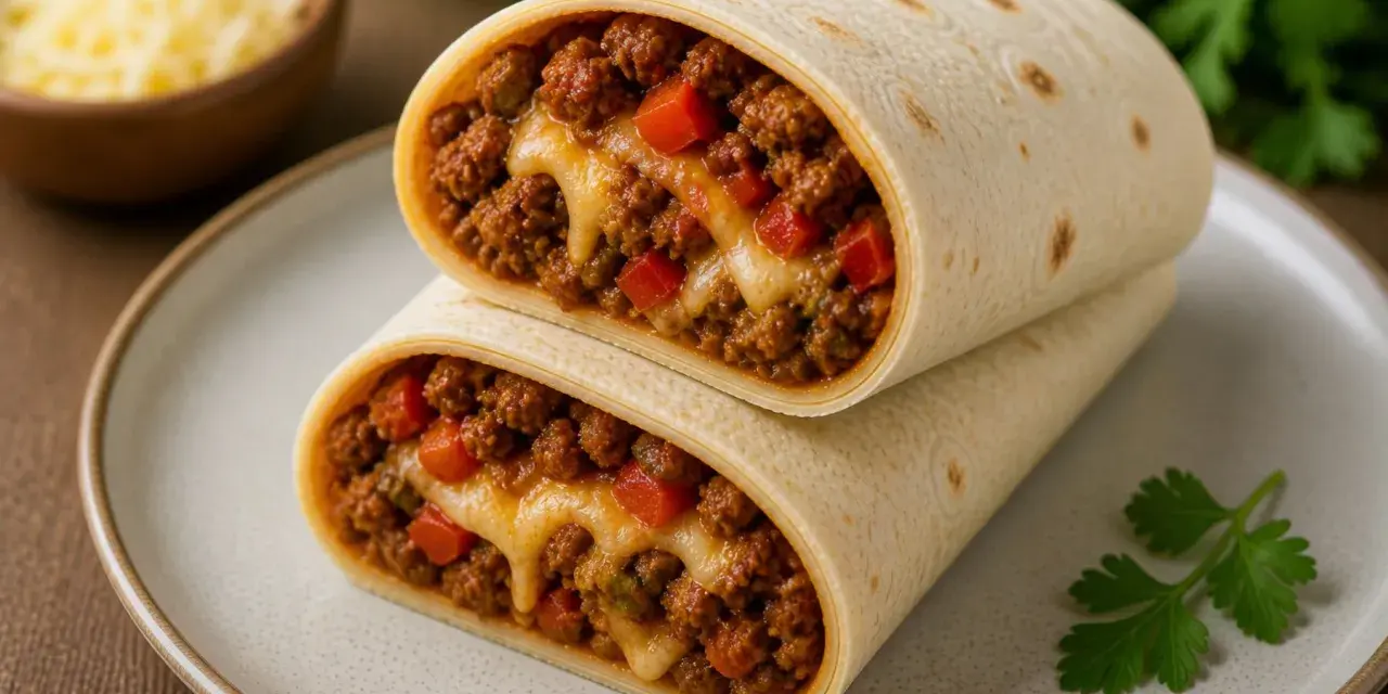 Pyszna tortilla z mięsem mielonym, papryką i ciągnącym się serem. Idealna na szybki posiłek.