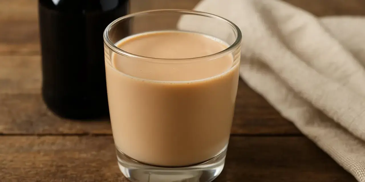 Szklanka kremowego likieru, idealny likier Baileys zamiennik, obok ciemnej butelki i lnianej serwetki na drewnianym stole.