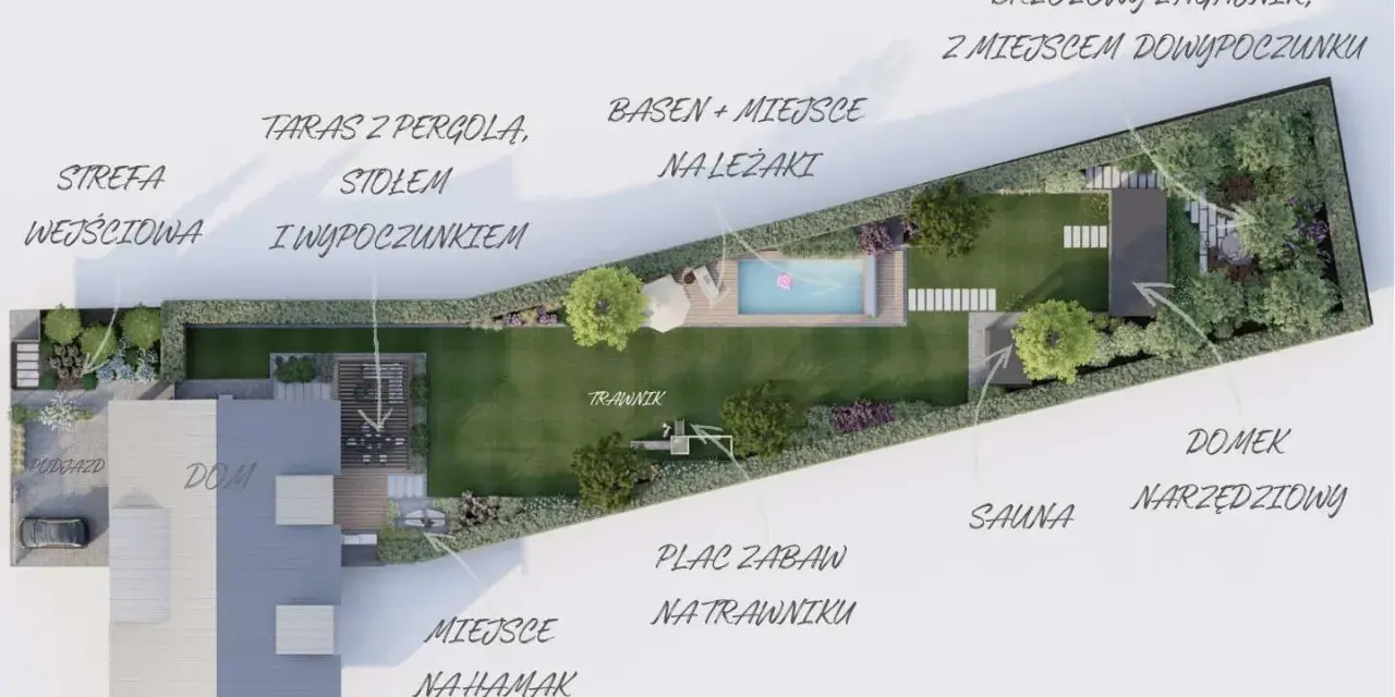Wizualizacja działki ROD: taras, basen, plac zabaw, domek narzędziowy i miejsce na hamak. Idealny pomysł na działkę rod.