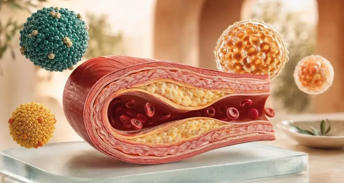 Przekrój naczynia krwionośnego z cholesterolem. Kuleczki symbolizują cząsteczki tłuszczu, sugerując, że hdl cholesterol za niski.