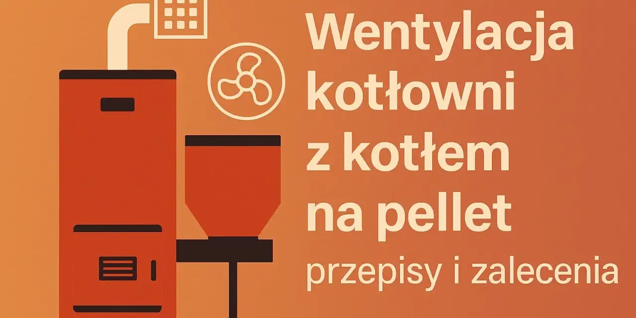 Ilustracja przedstawia kocioł na pellet i wentylator, symbolizujące wentylację w kotłowni.
