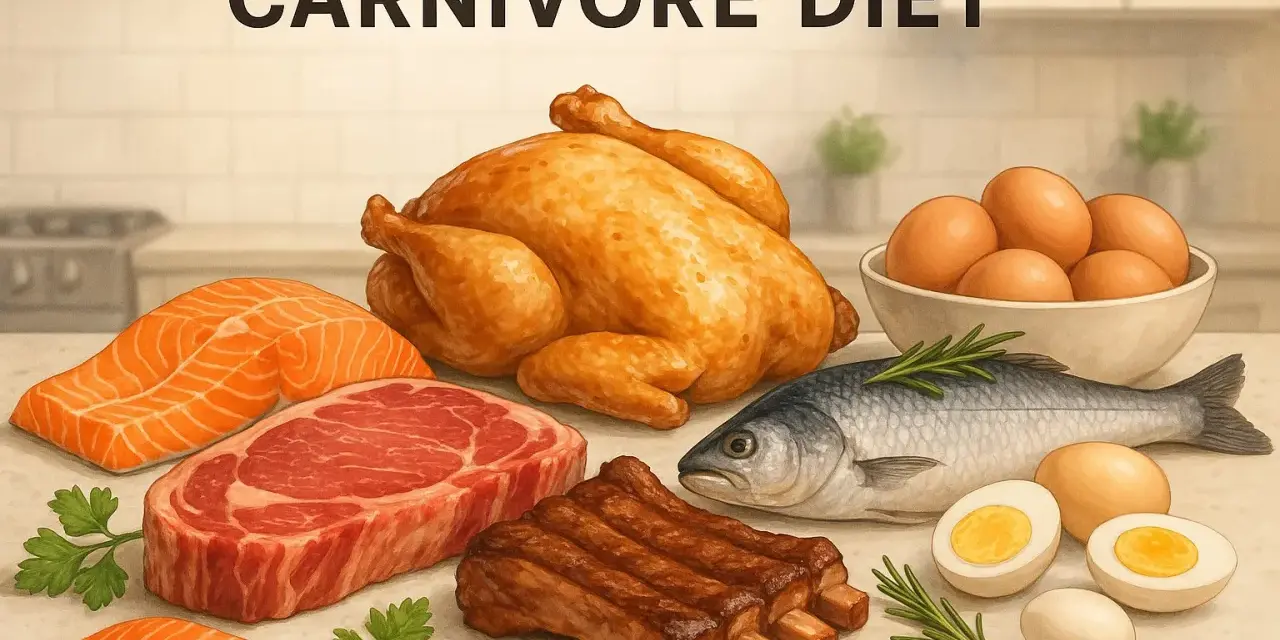 Mięso, ryby i jajka na stole, ilustrujące zasady diety carnivore.