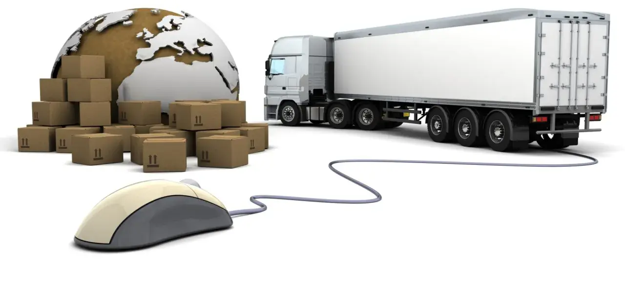 Globalne giełdy transportowe: stosy paczek, globus, ciężarówka i myszka komputerowa symbolizują łatwość zamawiania transportu online.