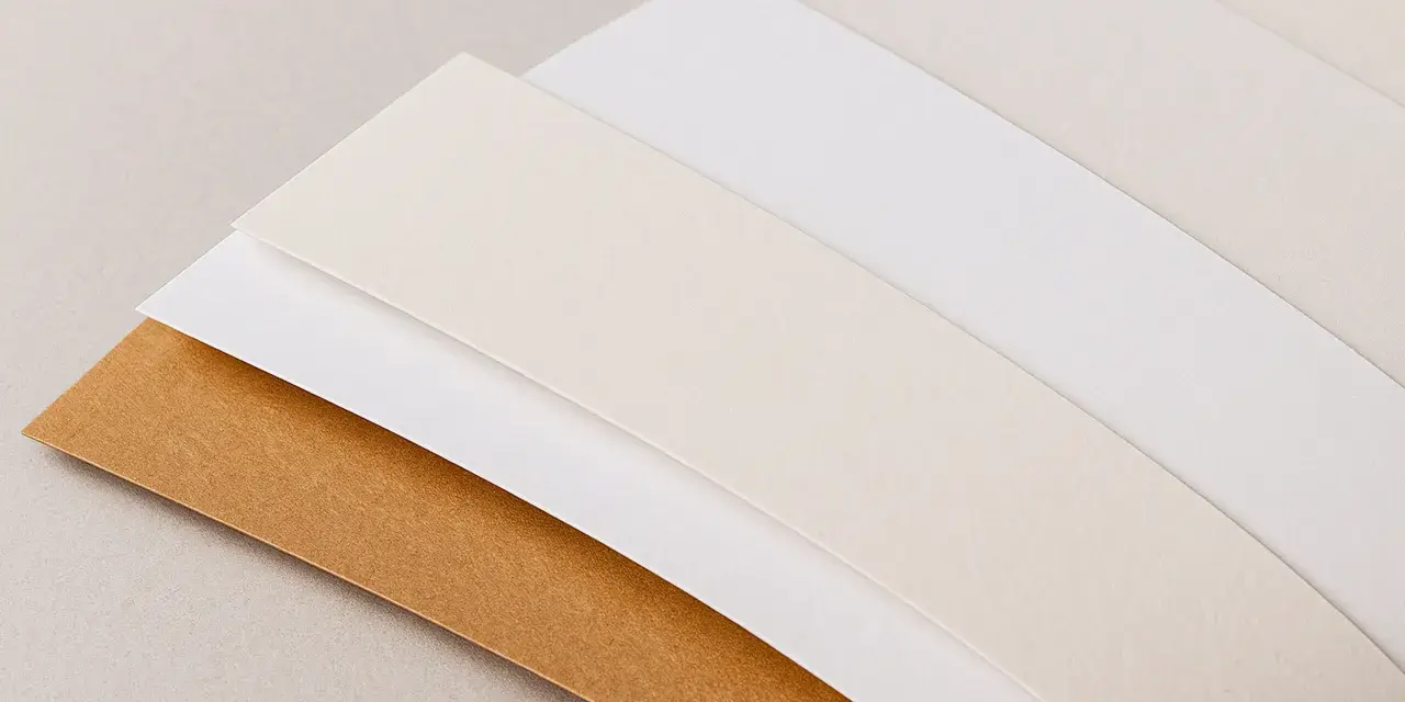 Abanico de diferentes tipos de folio en tonos neutros: marrón, blanco roto y blanco.