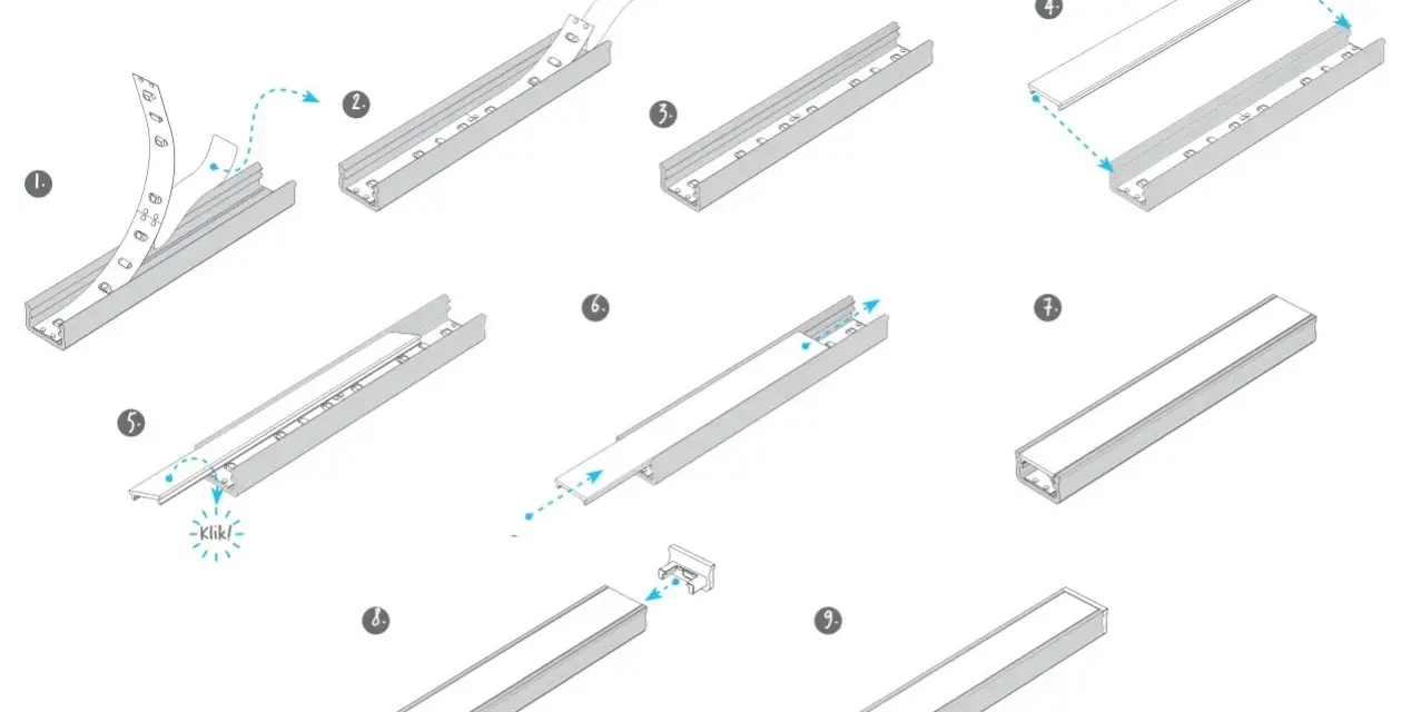 Instrukcja montażu taśmy LED w listwie aluminiowej: przyklejanie, wsuwanie, zamykanie.