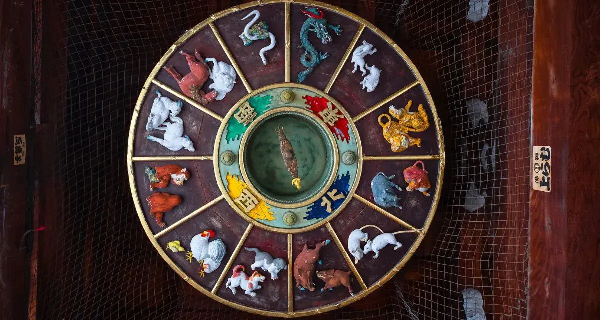 Okrągły zegar zodiaku chińskiego z wizerunkami zwierząt, w tym bawół chiński znak zodiaku.