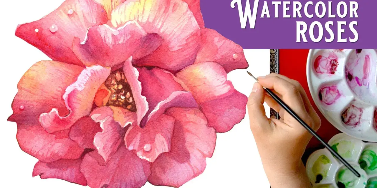 Un magnifique dessin rose aquarelle, avec une main tenant un pinceau près d'une palette de couleurs.