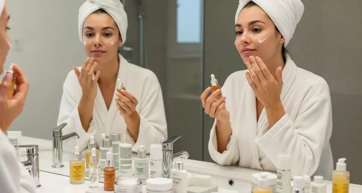 Femme appliquant un sérum visage, reflet dans le miroir. Une routine beauté avec des produits de soin, dont un sérum au rétinol pour la peau.
