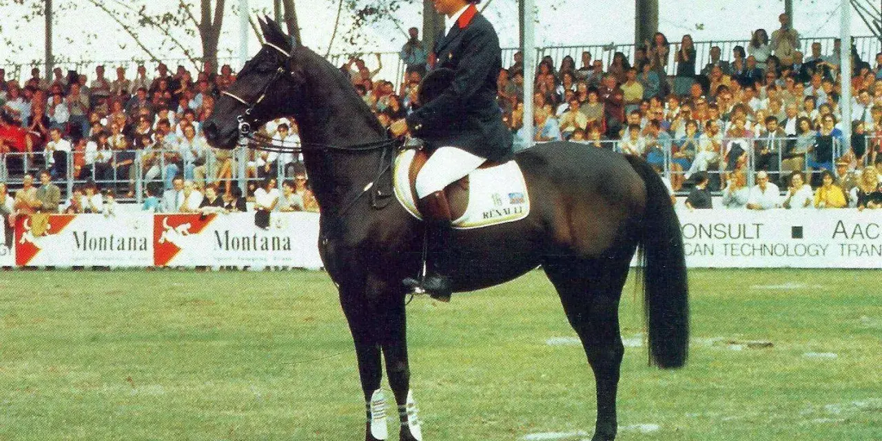 Un cavalier sur Jappeloup, un cheval noir à la taille impressionnante, devant une foule en délire.