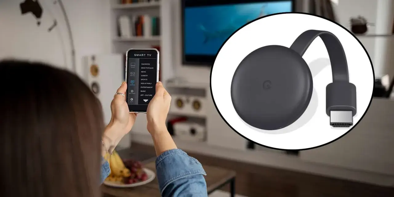 Użyj telefonu, by skonfiguruj moje urządzenie Android TV. Widok na Chromecast i ekran smartfona z menu.