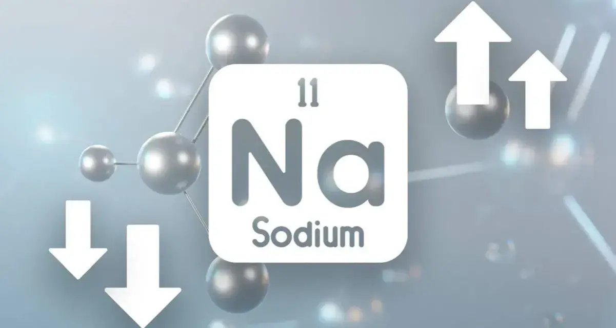 Symbol Na z atomami i strzałkami w górę i w dół, ilustrujący zmiany poziomu sodu, mogące prowadzić do hiponatremii.