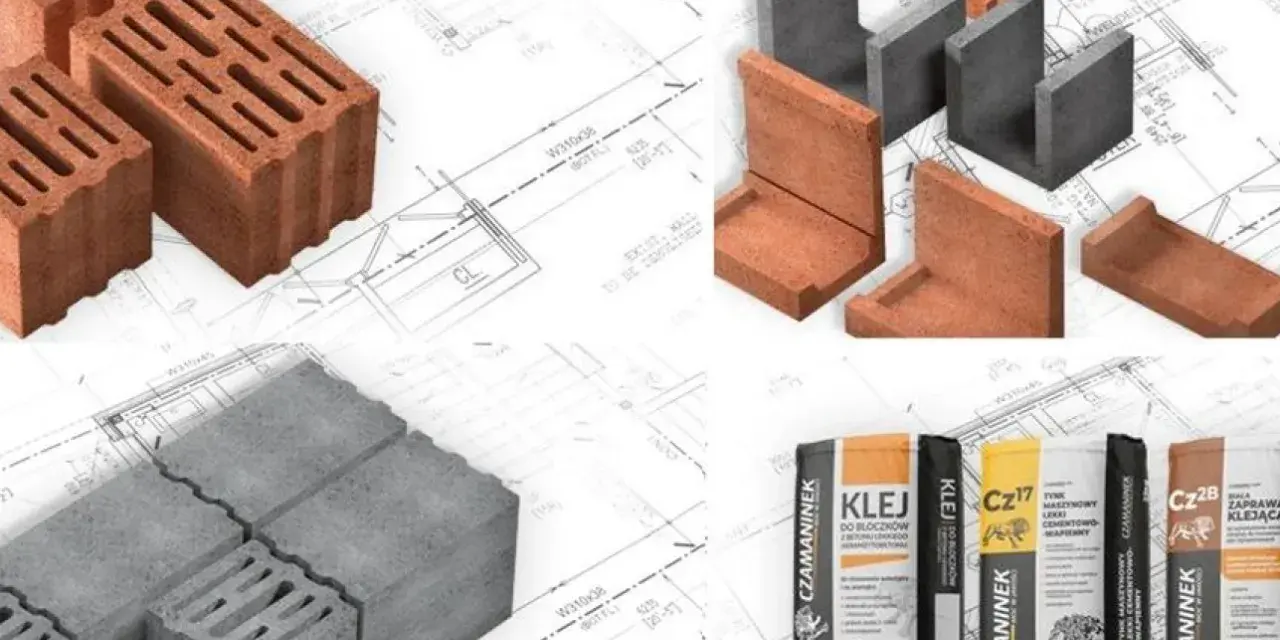 Różne rodzaje pustaków, w tym prefabrykat keramzytowy, oraz materiały budowlane, jak kleje i zaprawy, na tle planów architektonicznych.