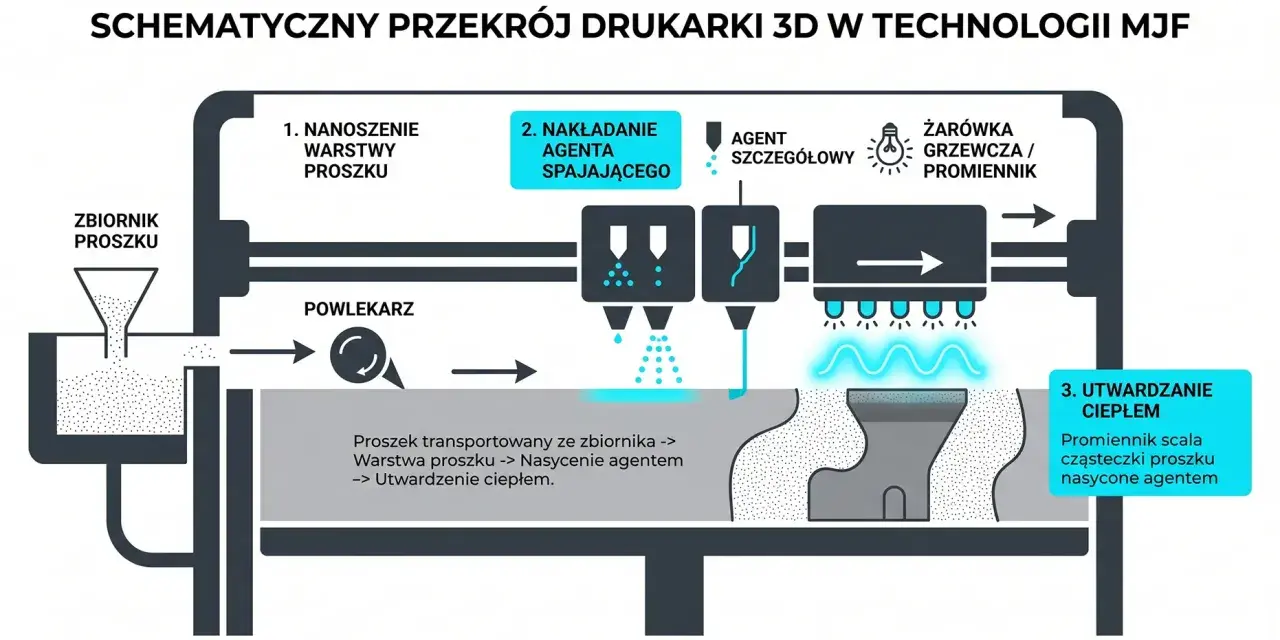 Schemat budowy drukarki 3D MJF: nanoszenie proszku, nakładanie agenta spajającego i utwardzanie ciepłem.