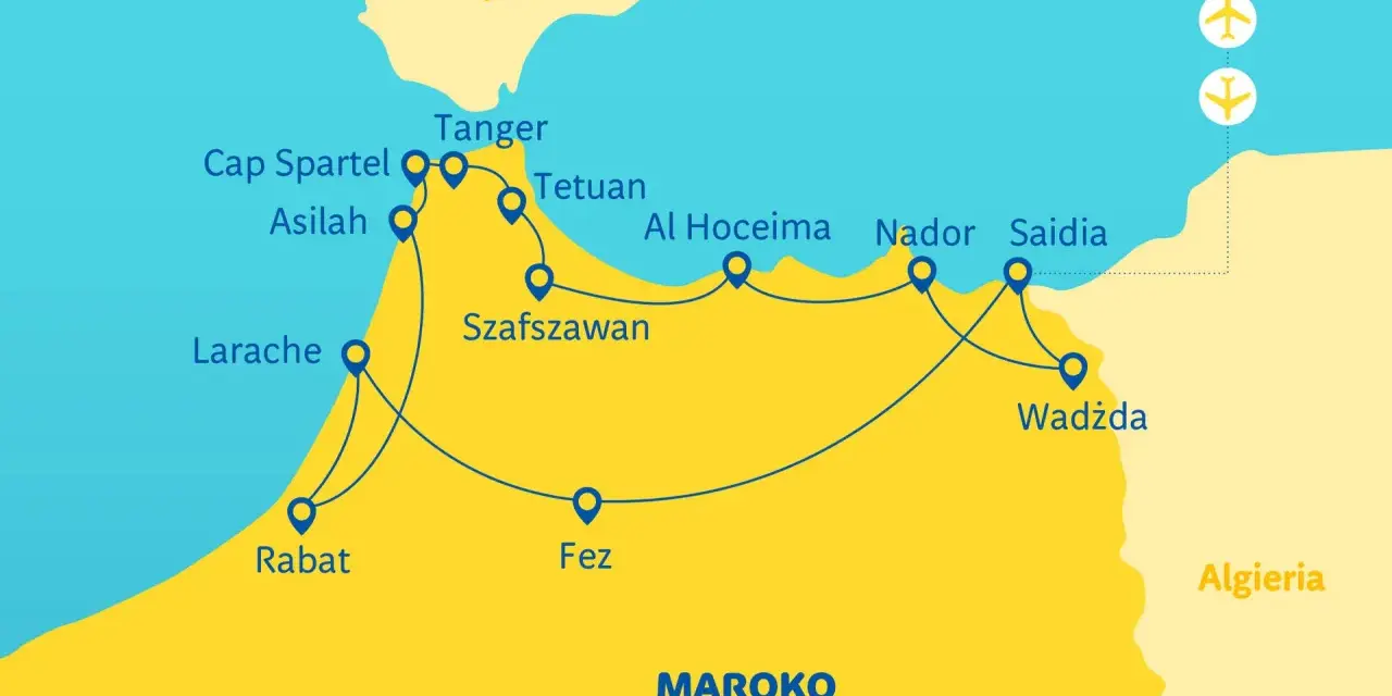 Mapa pokazuje trasę promową z Hiszpanii do Maroka, łączącą Tanger, Tetuan, Al Hoceima, Nador, Saidia i Wadżda.