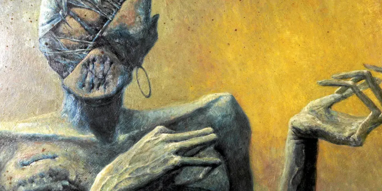 Mroczne, surrealistyczne dzieła Zdzisława Beksińskiego. Postać z bandażami na głowie i wykrzywionymi dłońmi na tle żółci.